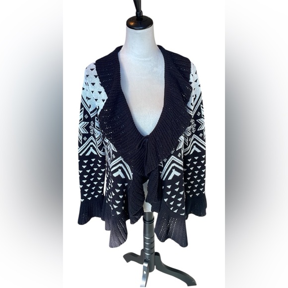 Style & Co. Sweaters - Style & Co Black and white Aztec print cardigan with ruffle hem and tie front